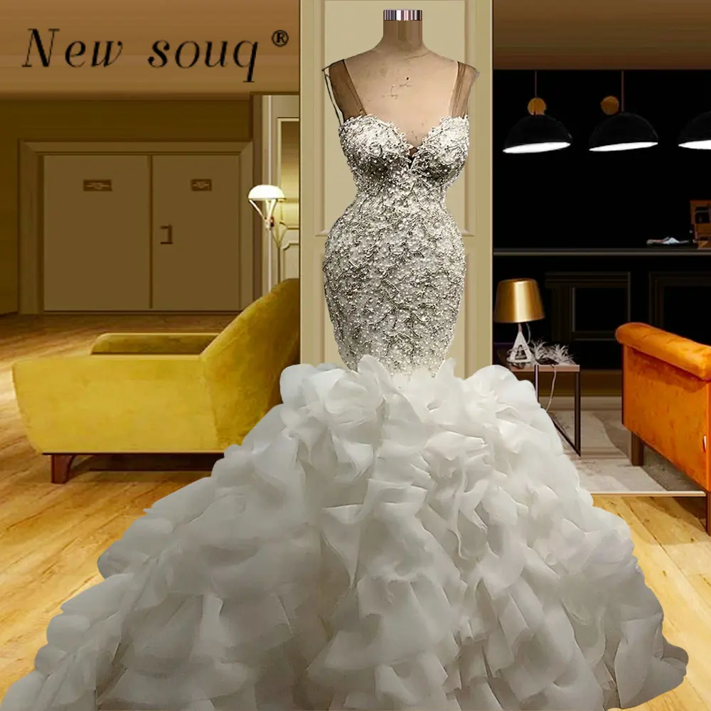 

Luxury Ruffles Mermaid Evening Dresses with Long Train African Black Girls Beaded Sexy Bridal Gowns Robes De Soiree