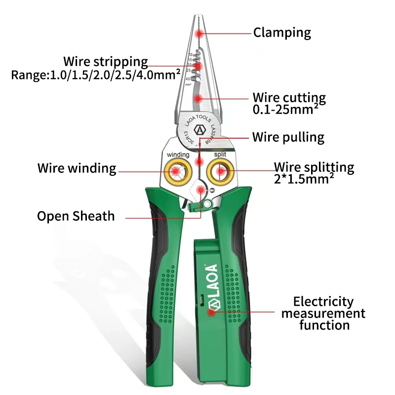 LAOA 8 in 1 Electrician Wire Stripping Pliers Multifunctional Electricians Maintenance Pliers Stripper Cable Crimper Pliers Tool