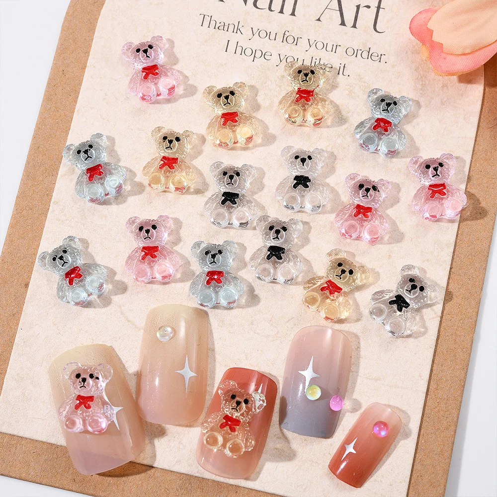 20Pcs Kawaii Bear Nail Art Charms 3D Fashion Colorful Cute Transparent Resin Tie Bear Nail Decorations DIY Exquisite Accessories