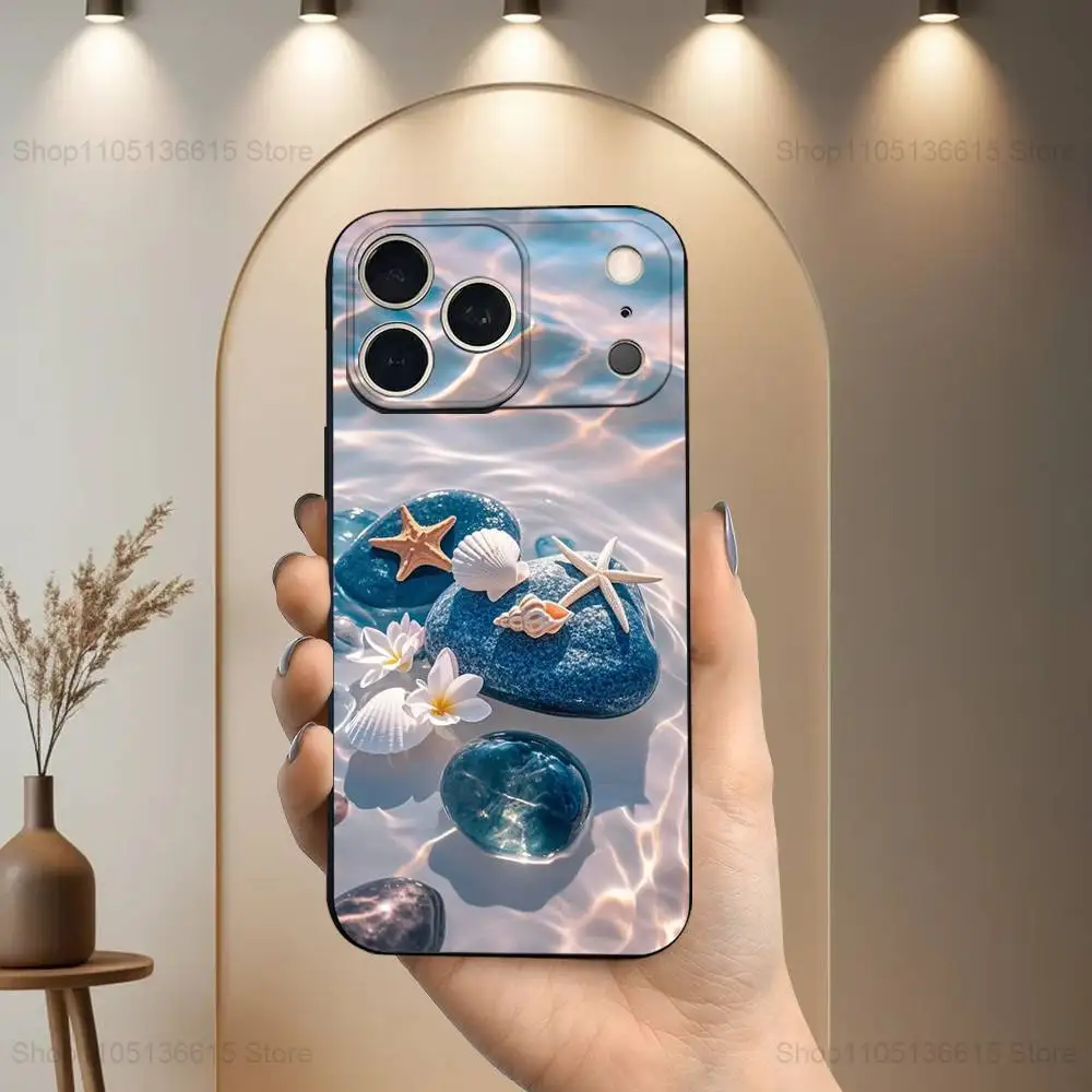 Casing Ponsel Starfish Beach Shells Untuk iPhone 17,16,15,14,13,12,11,Plus,Pro Max,XS,X,XR,SE,Mini,8,7, Penutup Silikon Lembut Hitam