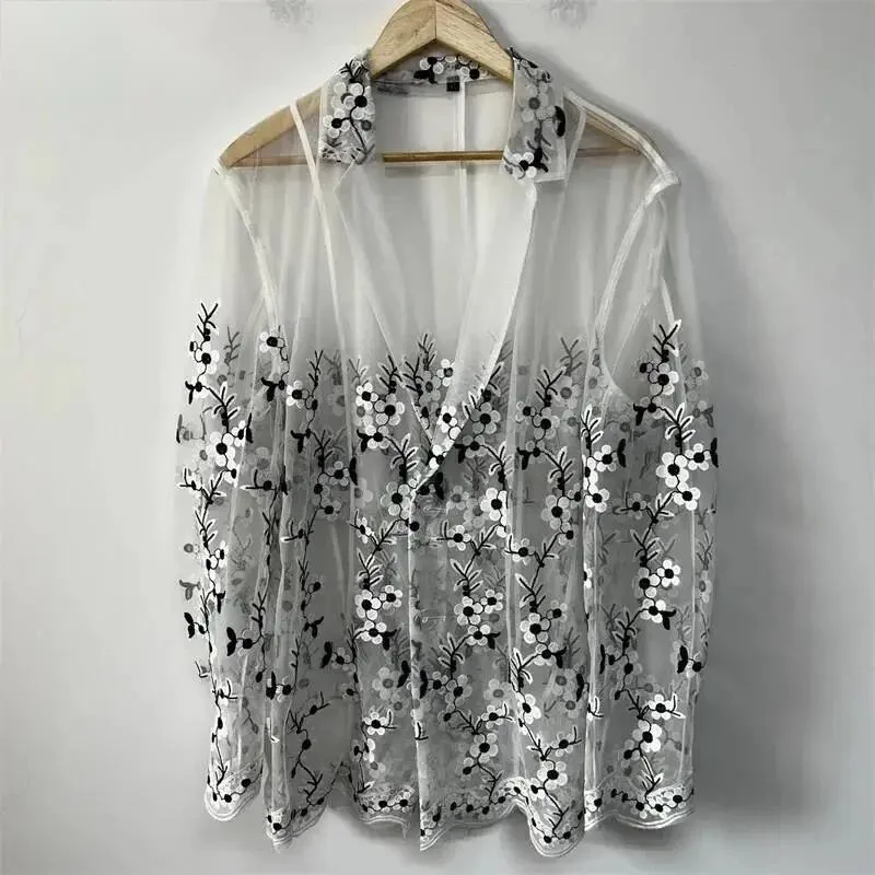 Plum Embroidery Sheer Organza Men Suit Jacket Long Sleeve Lapel Loose Layering Niche Oriental Street Daily Balzer QW34
