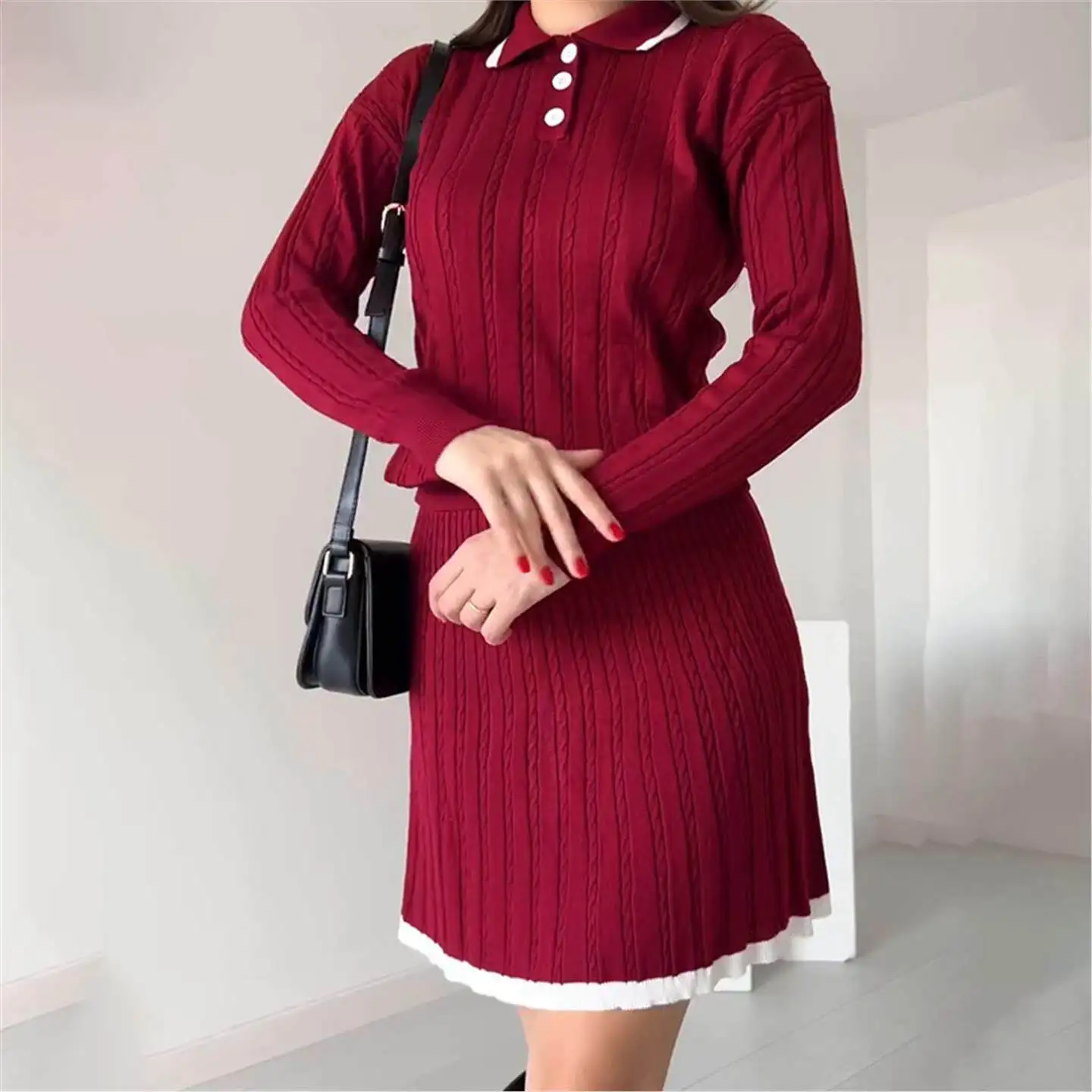 

Fashionable Knitted Neck Spliced Skirt Set Women's Cross-Border Clothing Sweet Style Medium-Low Waist PVC Fabric Casual ...