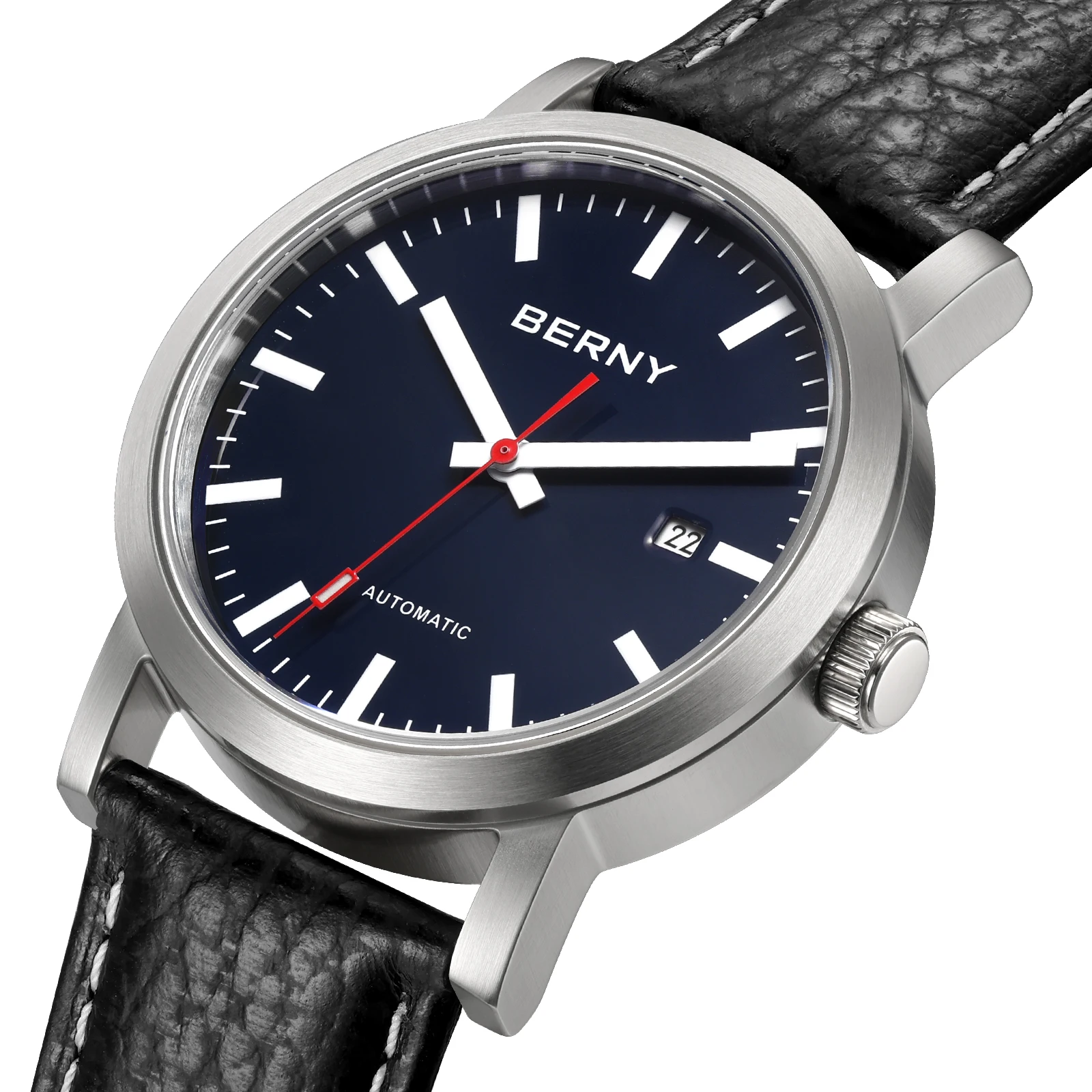 BERNY Mechanische Herrenuhr, luxuriöse Leder-Armbanduhr mit Saphirglas, selbstaufziehende Armbanduhr, MIYOTA 8215, wasserdichte automatische Herrenuhr