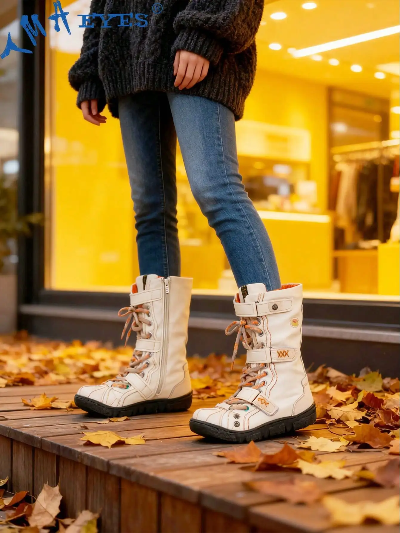 1 Pair TMA EYES Vintage Handmade Stitching & Handcrafted Leather+PU Splicing Distressed Upper, PU Faux Fur Lining, Jacquard Shoelace, Hook And Loop Closure, Non-Slip Comfortable Cold-Proof Outdoor Casual Plus Size Wide Fit Women Boots sx25042803326027128
