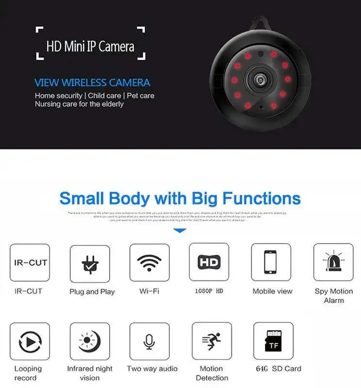 Kamera IP MINI CCTV, nirkabel kecil WIFI 1080P keamanan rumah inframerah deteksi gerakan Slot kartu SD Audio APP V380