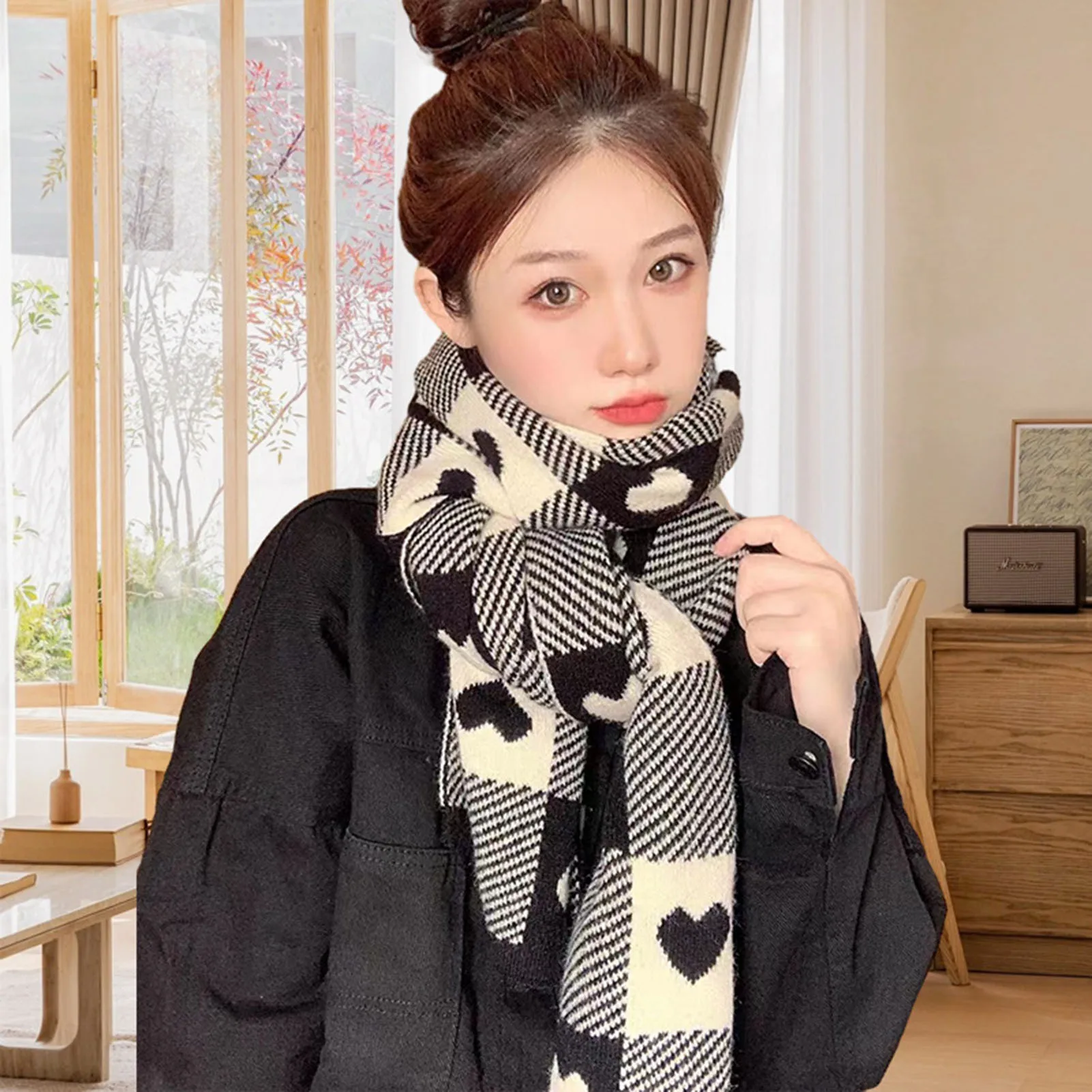 Classic Winter Plaid Scarf Love Checkerboard Scarf Thick Fabric Long Scarves Christmas Gift for Mom