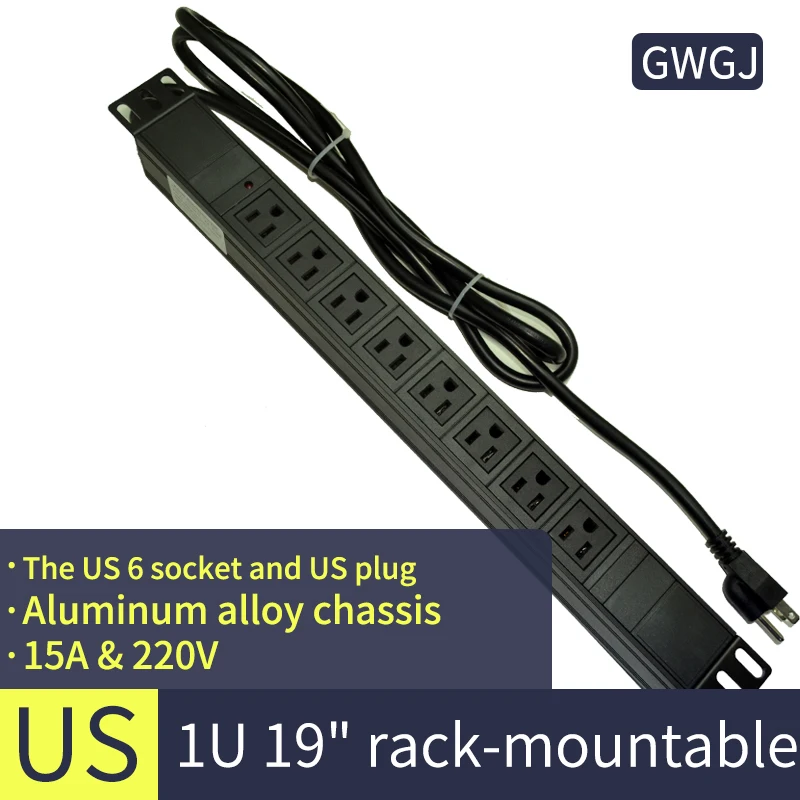 PDU Cabinet Power Socket 8 Bit American Standard 16A with Indicator Aluminum Alloy 1U 19 Inch Socket Terminal Block