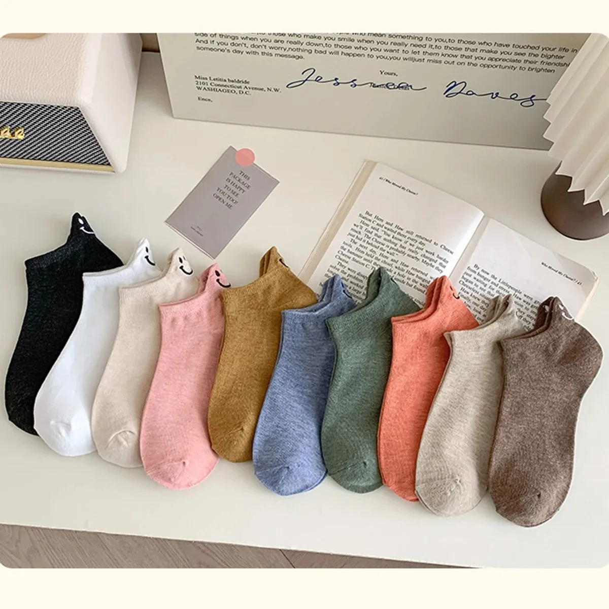 10 Pairs Kawaii Short Socks For Women Spring Summer Lovely Heel Embroidered Smiling Face Female Cotton Personality Ankle Socks image 5