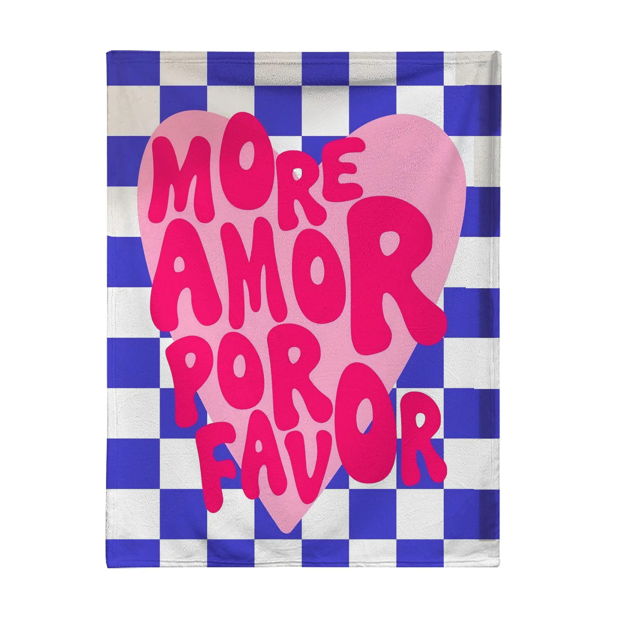 Blue White Checkered MORE AMOR POR FAVOR Print Flannel Throw Blanket, All-Season Home Sofa Nap Warm Skin-Friendly Small Blanket