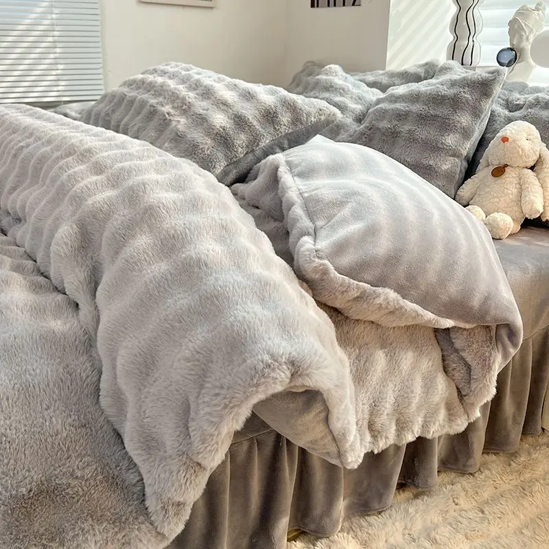 High-end Milk Fleece Four-piece Rabbit Fleece Bed Skirt Quilt Cover Winter Flannel Double-sided Fleece Bedding Set Thickened