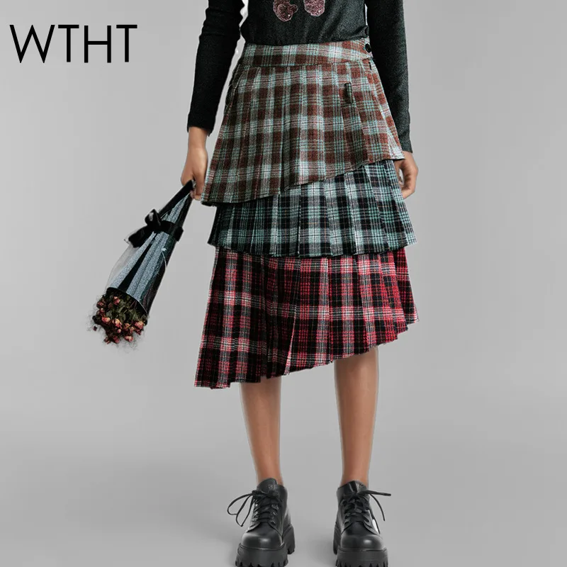 

WTHT New Trendy Women's Contrast Color Plaid Pleated Skirts 2025 Spring Fashion High Waist A-line Long Skirt Female 1LS923