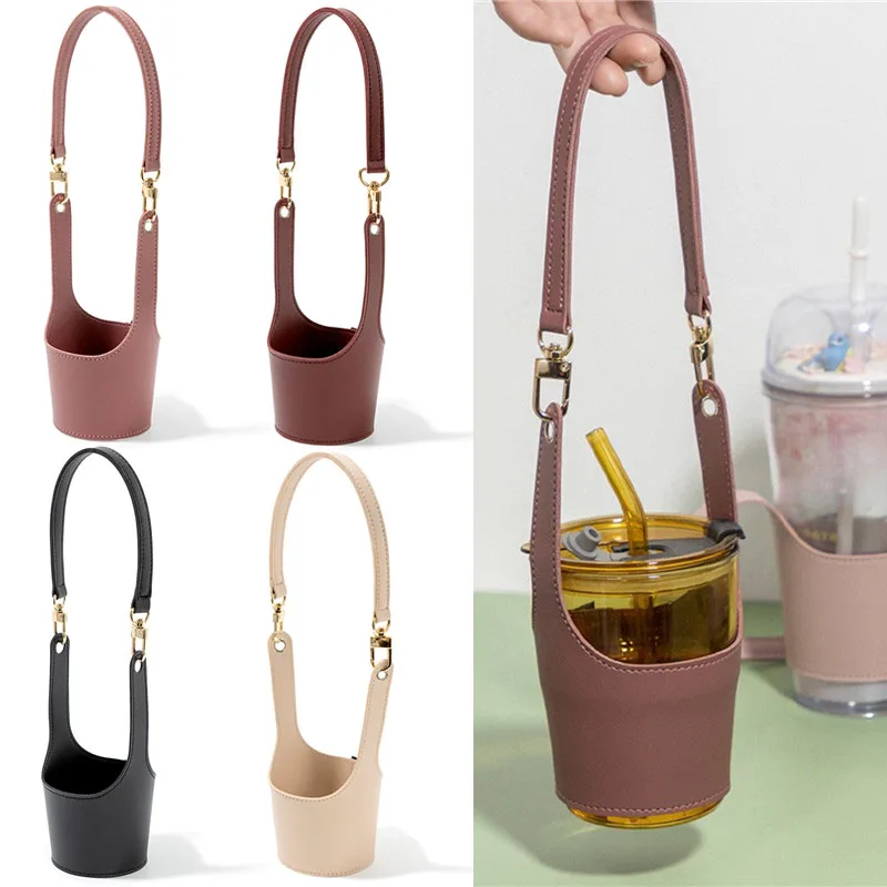 PU Leather Cup Cover Pouch Portable Water Bottle Sleeve Bag Leather Carrying Strap Insulating Cups Milk Tea Coffee Cups Accessor