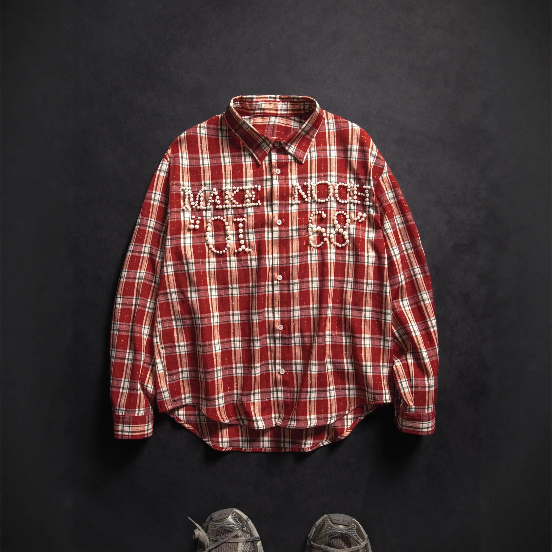 2026 Spring/Summer Men's American Retro High Street Beaded Check Shirt - Loose-Fitting and Versatile Long-Sleeved Pearl Shirt