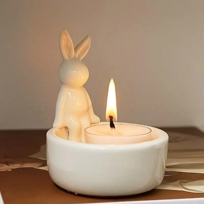 A0KF Holder a candela Ceramic Coniglio Tealight Candela per camera da letto del soggiorno