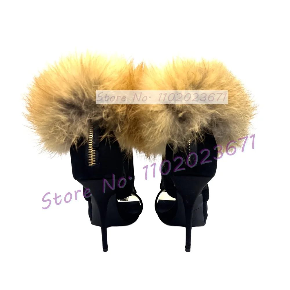 Black Jewel Fur Wrap Sandals With Gold Toe Women Stiletto High Heel Stylowe buty damskie Peep Toe Back Zipper Sandals