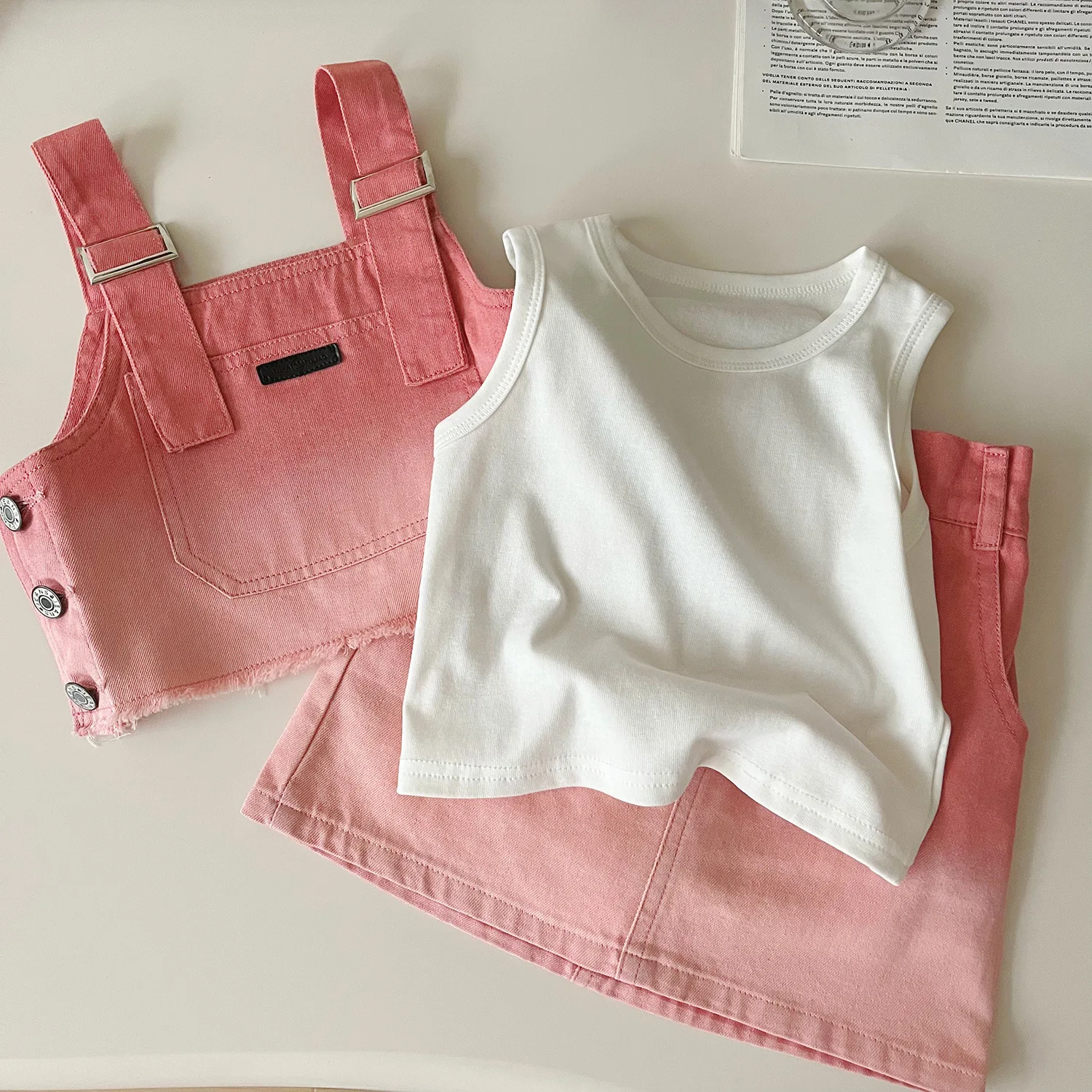 Conjunto de 3 piezas de Falda vaquera para niña, Top sin mangas con tirantes y botones, color rosa degradado, suave, vaquero, verano, 2024