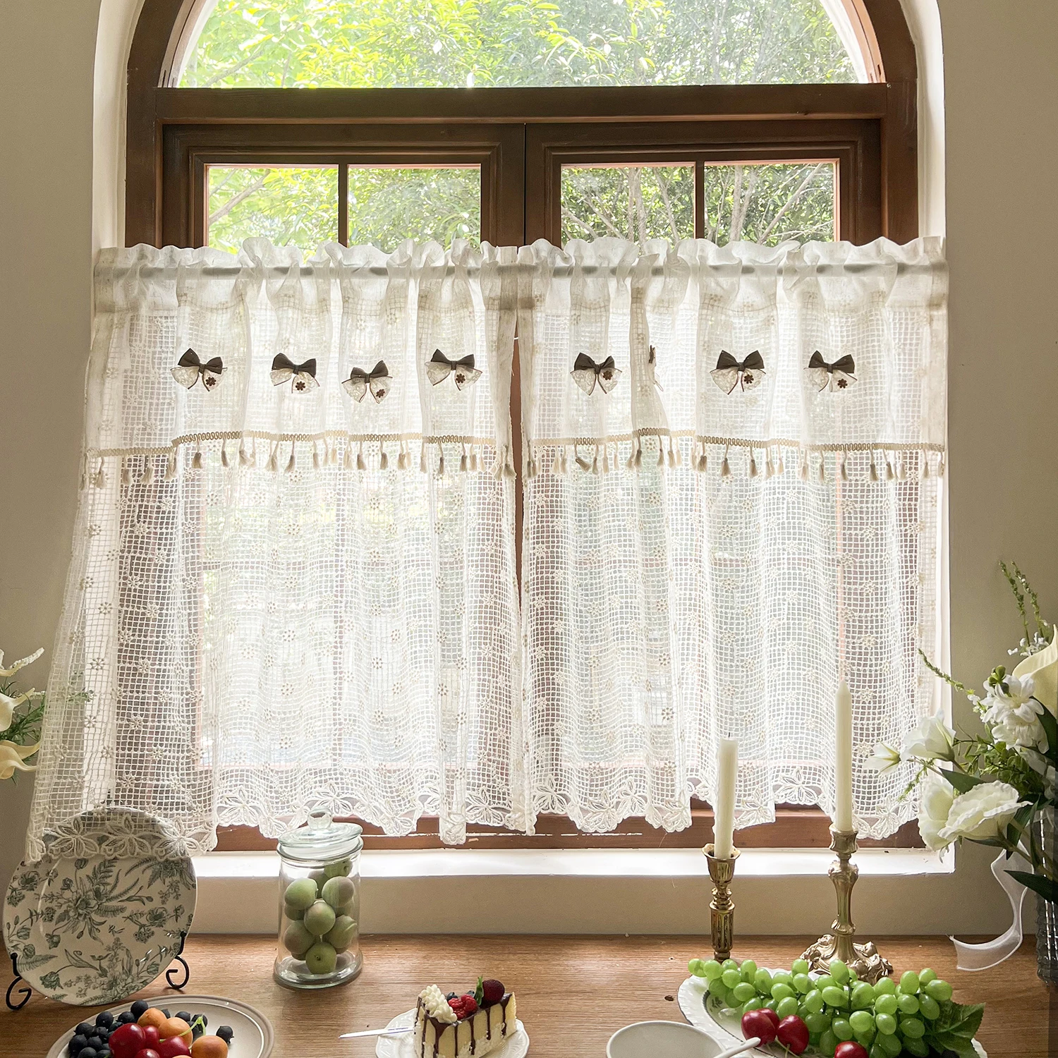 

Корейская короткая штора бежевого цвета с бантом, милая полуштора для маленьких окон - с креплением на карман, декоративные шторы для дома.