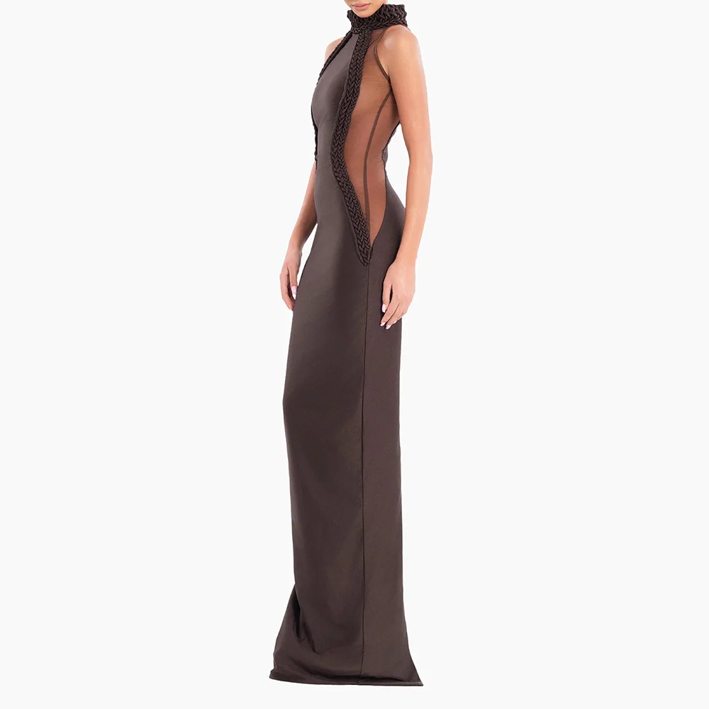 Sexy Brown Mesh See Through Sleeveless Maxi Dress Elegant High Neck Backless Gown for Evening Party Wedding Guest Night Club