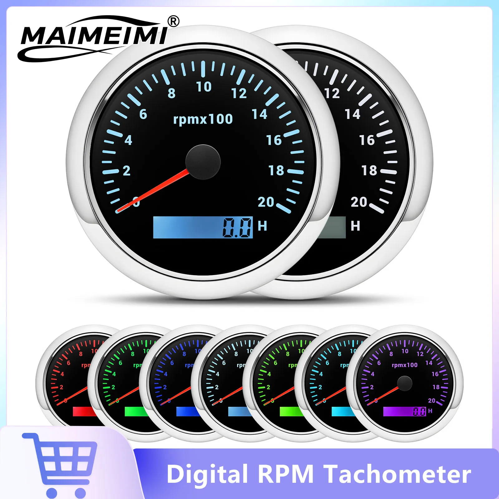 7 Colors Backlight 0~2000 RPM Tachometer With LCD Hourmeter 85mm Tacho Meter RPM Instrument For Marine Boat Yacht Car 12V 24V