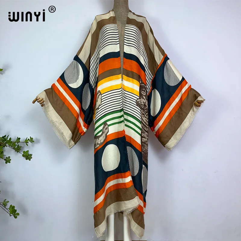 WINYI kimono summer new print Bikini Cover-up Elegant beach outfits for women sexy silk feeling vestidos para mujer dress robe