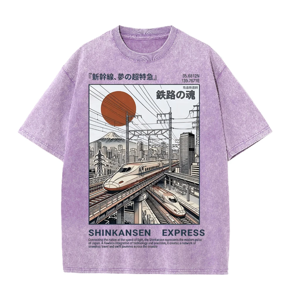 2026 Vintage Washed Beige Japanese High Speed Train City Landscape Graphic T Shirt Retro Ukiyo Architecture Print Oversized Casu