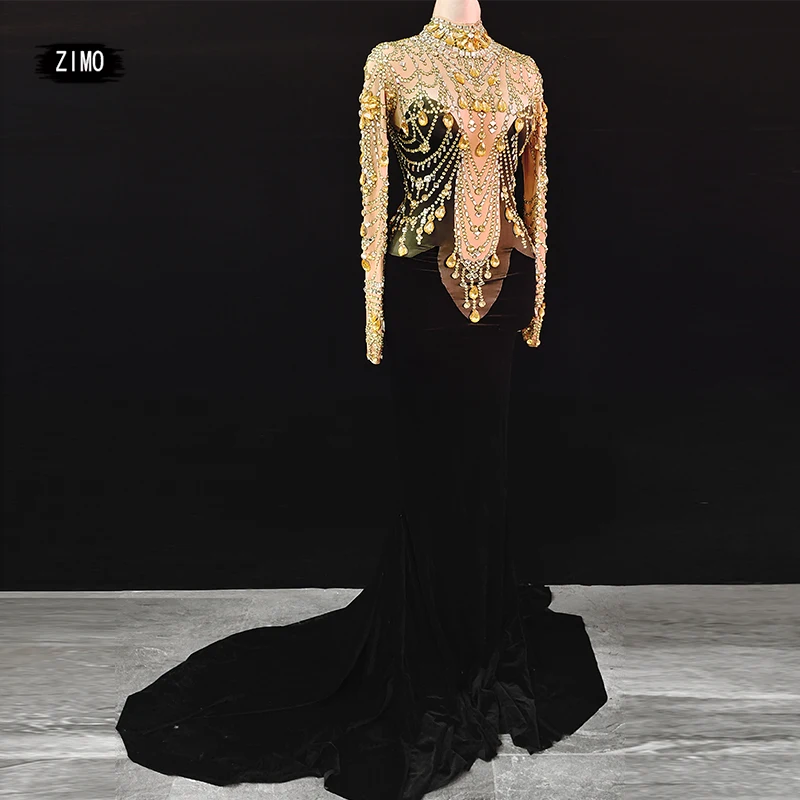 

velvet rhinestone mermaid long dress women birthday elegant party costumes evening prom crystal trailing stage wedding outfit