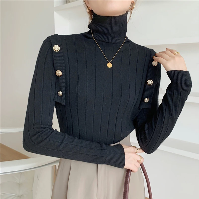 Autumn Winter Black Turtleneck Pullover Sweaters Women Knitted Long Sleeve Top Vintage Basic Pullovers Pull Femme Sweter Mujer