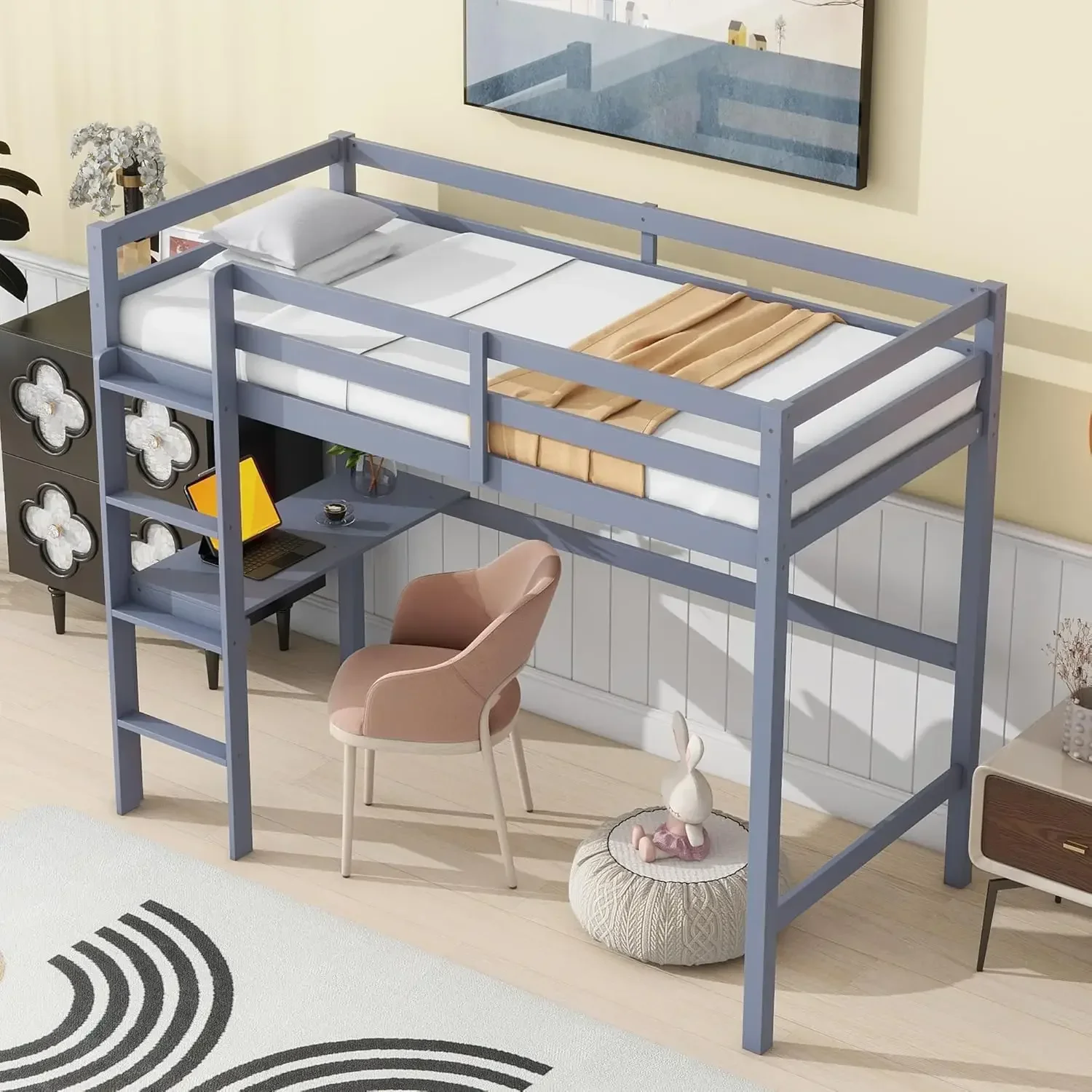 Harper & Bright Designs Twin Size Loft Bed with Desk, Wooden Kids Loft Bed Twin with Safety Guardrail and Ladder, No Box Spring