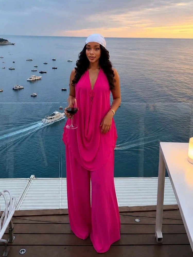 Women 2 Piece Outfit Summer Halter Neck Top Deep V Backless Solid Color Loose Top Wide Leg Pant Set Vacation Party Matching Suit