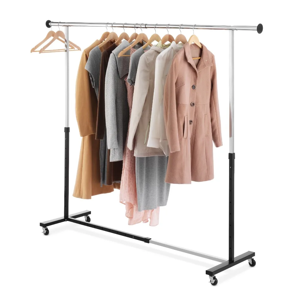 Adjustable Rolling Expandable Garment Rack, Metal, Black and Chrome, for Hanging Clothes, Ulti-Functional Clothing Rack