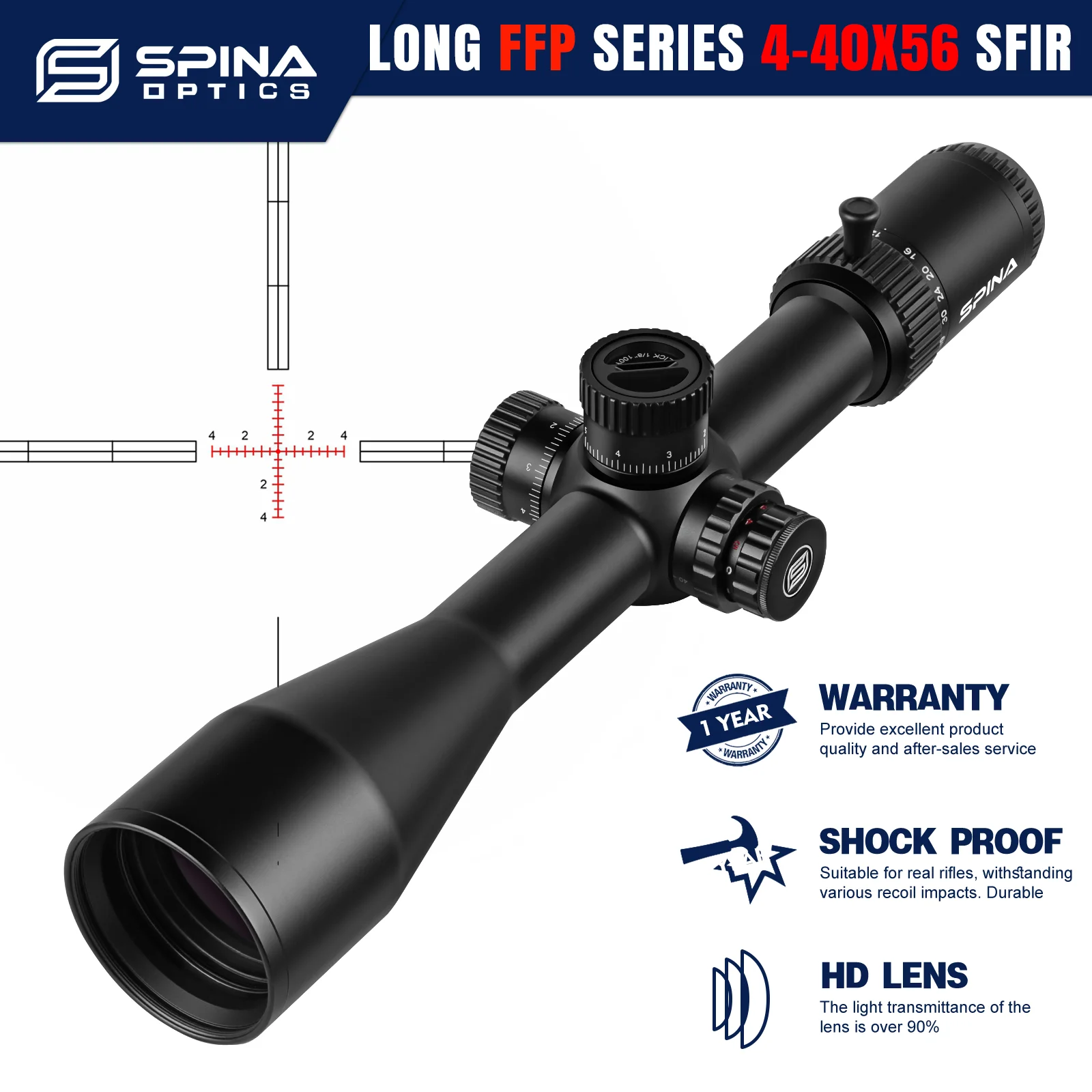 

SPINA OPTICS 4-40X56 FFP Long Distance 50-200m Remote Shot Scope Parallax Nitrogen Filled Anti-Fog Etched Glass Reticle Sight