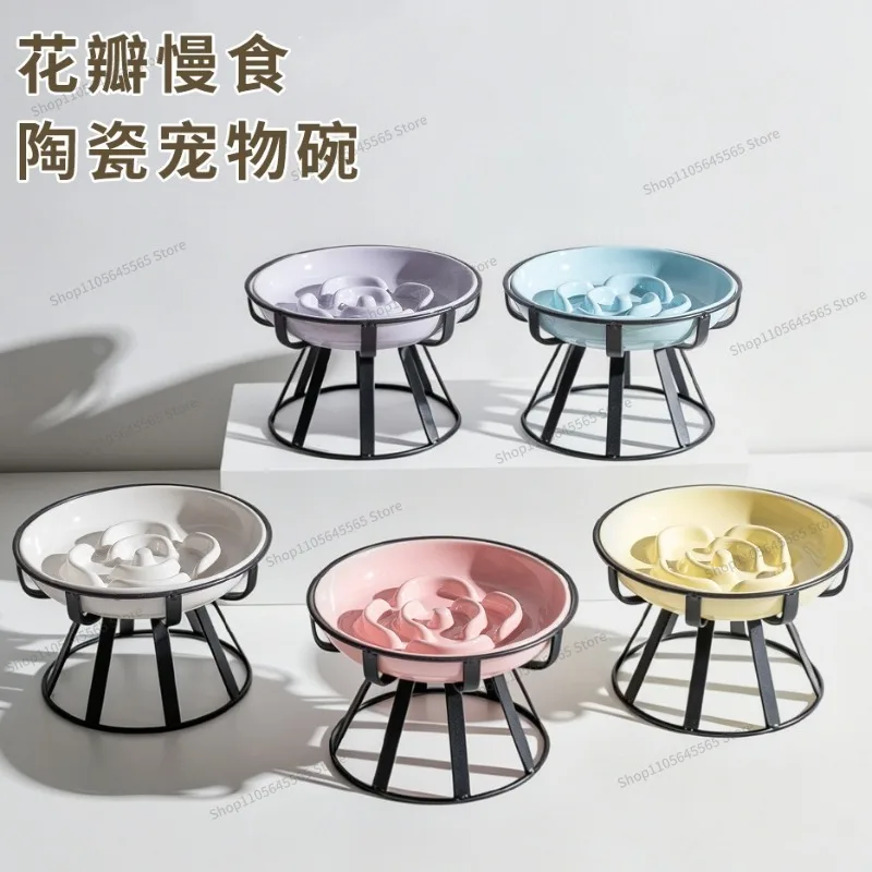 For ceramic slow food bowl flower ceramic pet bowl cat dog anti-choking slow food belt iron frame high foot