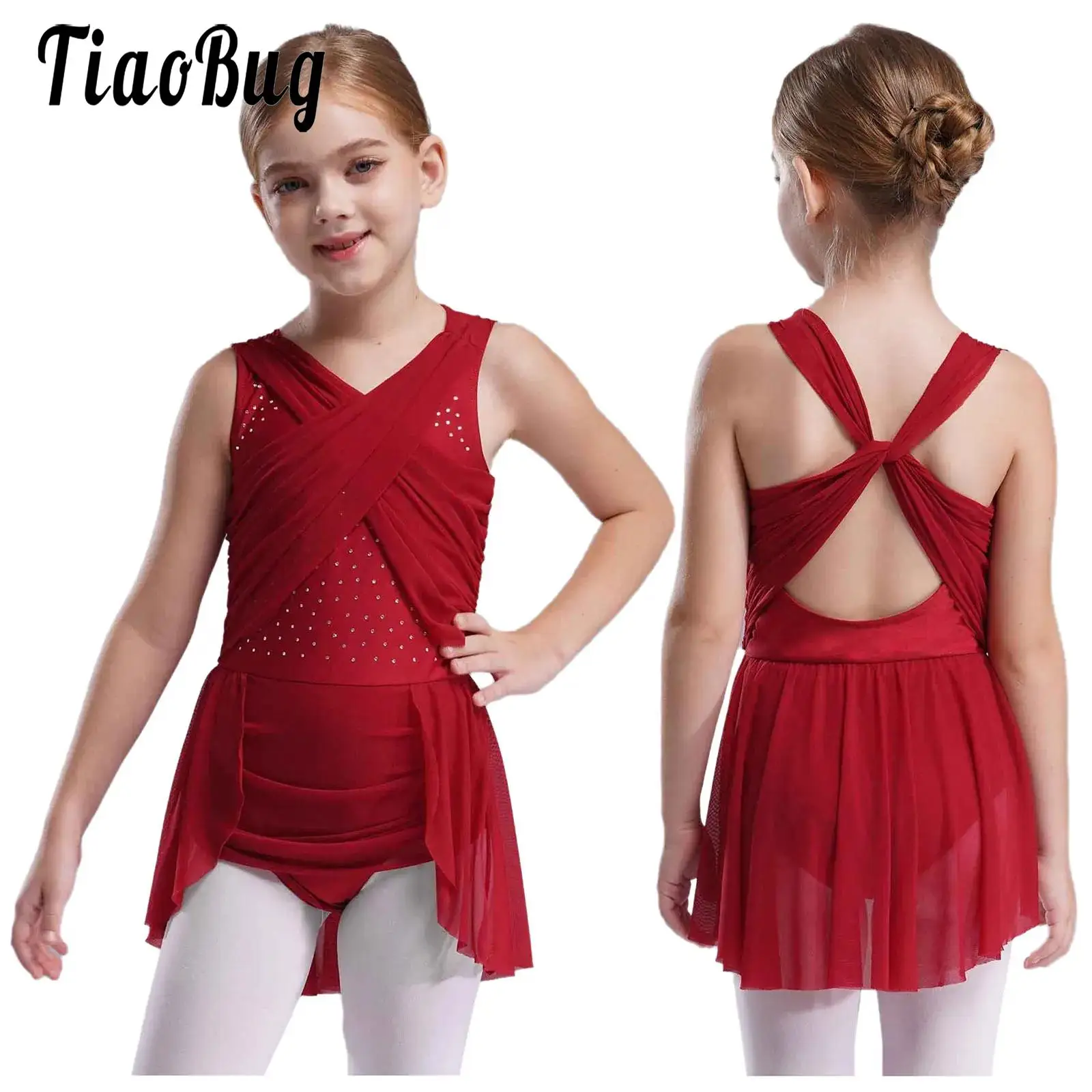 

Girls Figure Skating Lyrical Dance Dress Glitter Rhinestones Gymnastic Ballet Performance Costume Cross Back Mesh Overlay Dress