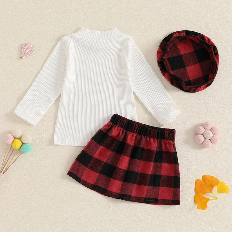 Baby Clothing Girl Solid Ribbed Mock Neck Long Sleeve Tops Plaid Skirt Beret Hat Autumn Outfits clothes Set