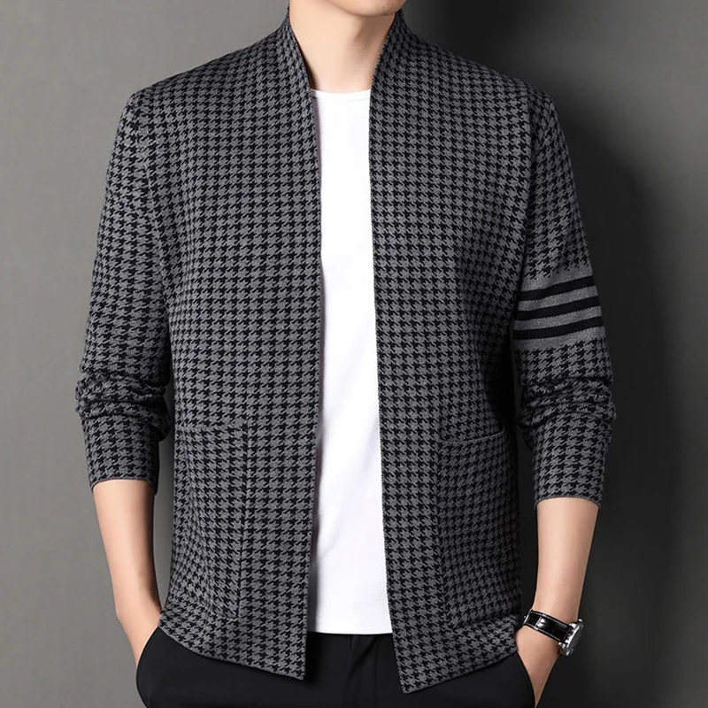 Fashion Loose Knitted Spliced Pockets Houndstooth Cardigan Sweaters Men's Clothing 2023 Autumn New Casual Tops All-match Coat