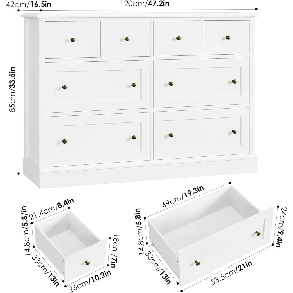 Cômoda branca elegante com 8 gavetas, cômoda de armazenamento espaçosa, 47,2 de comprimento com gavetas profundas