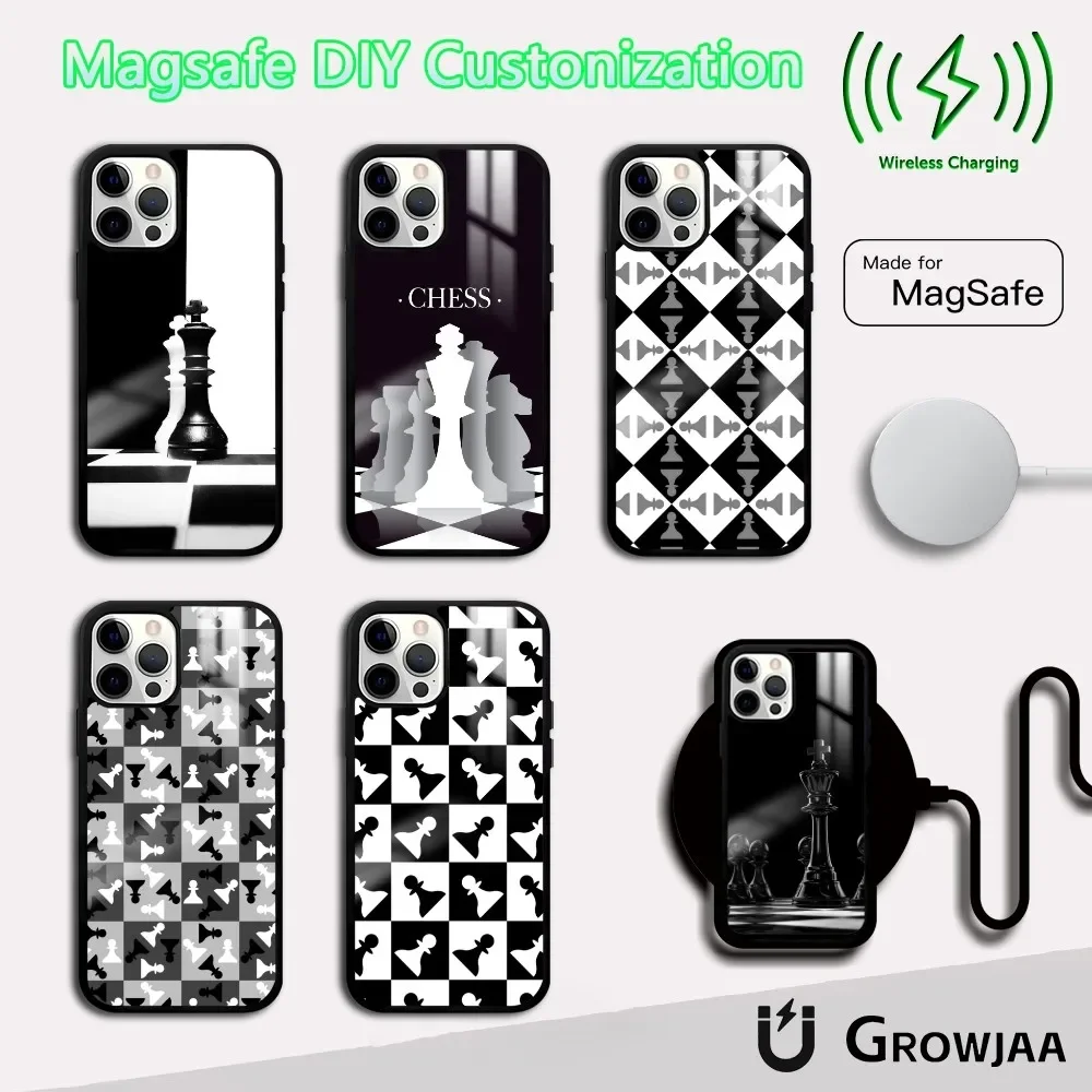 Chess Board Pieces Phone Case For iPhone 16 15 14 13 12 11 Pro Max Plus Mini Magsafe Mirror Wireless Magnetic Cover