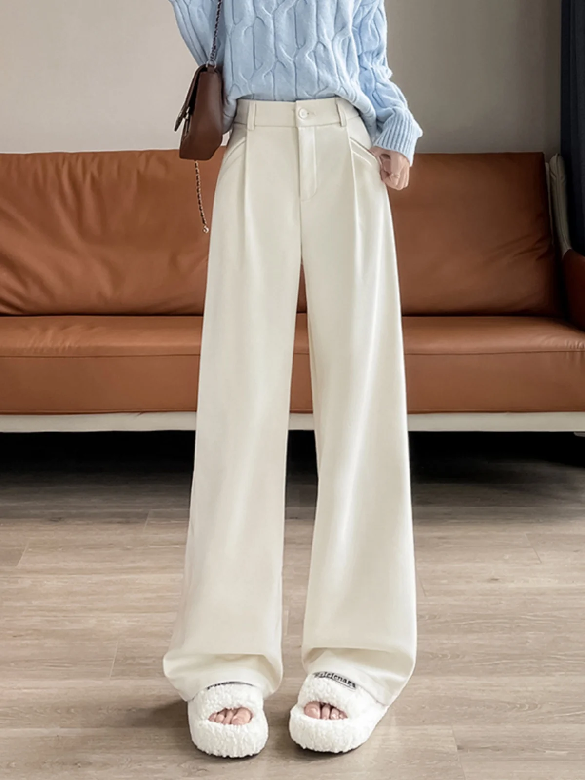 

Женские шерстяные брюки с высокой талией, широкими штанинами и драпировкой, повседневные, прямого кроя, длинные, осенне-зимние, новые, универсальные, стройнящие