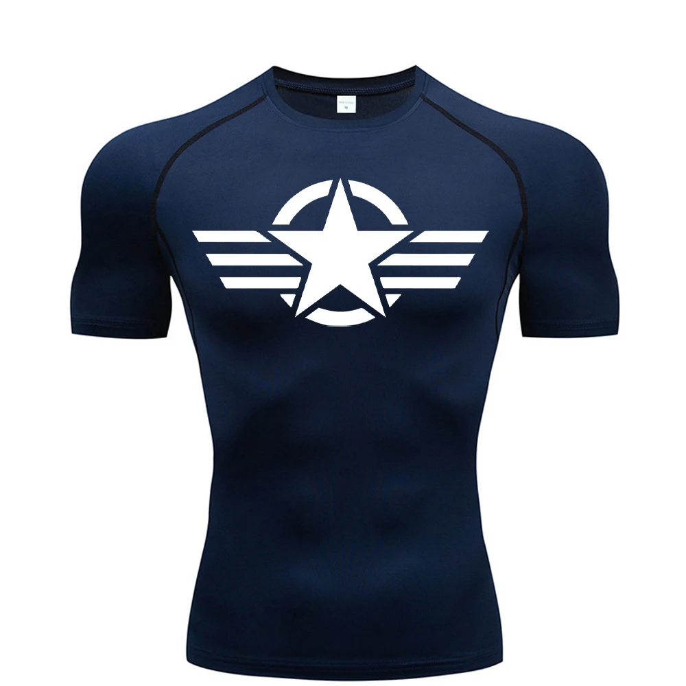 Men's five-pointed star printed compressed shirt, summer short-sleeved quick, gym exercise running T-shirt, sports T-shirt top
