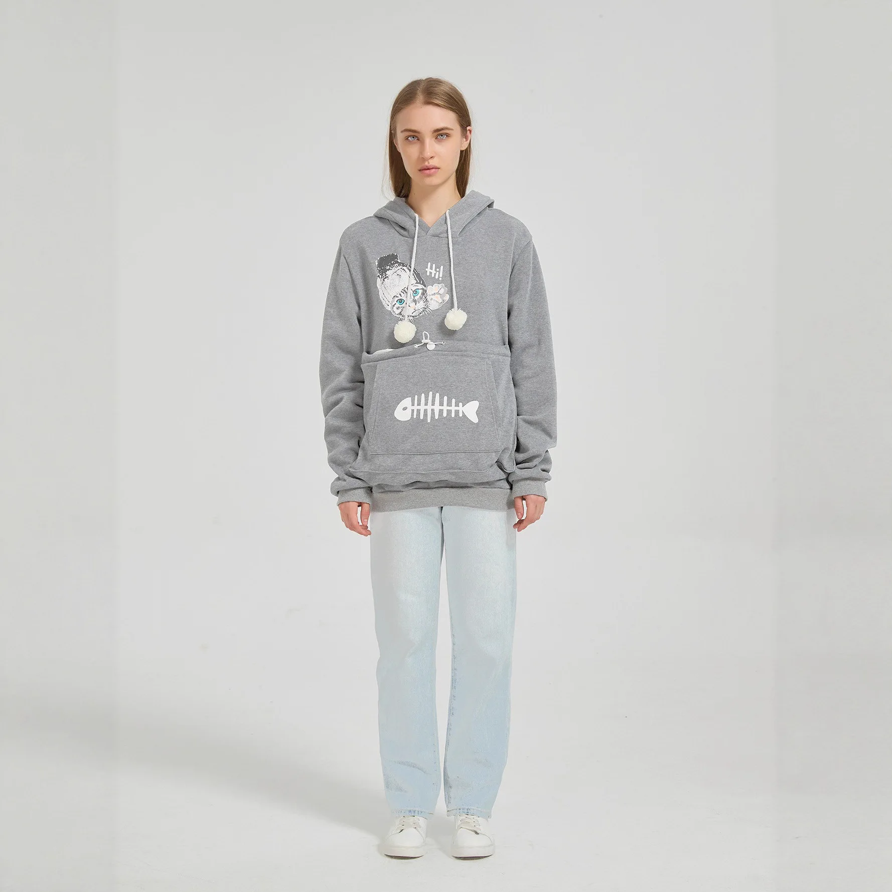 Women Cartoon Print Fleece Hoodie Loose Fit Pet Friendly Pet Pouch Pocket Travel Casual Sweatshirt Daily Wear Pullover Top