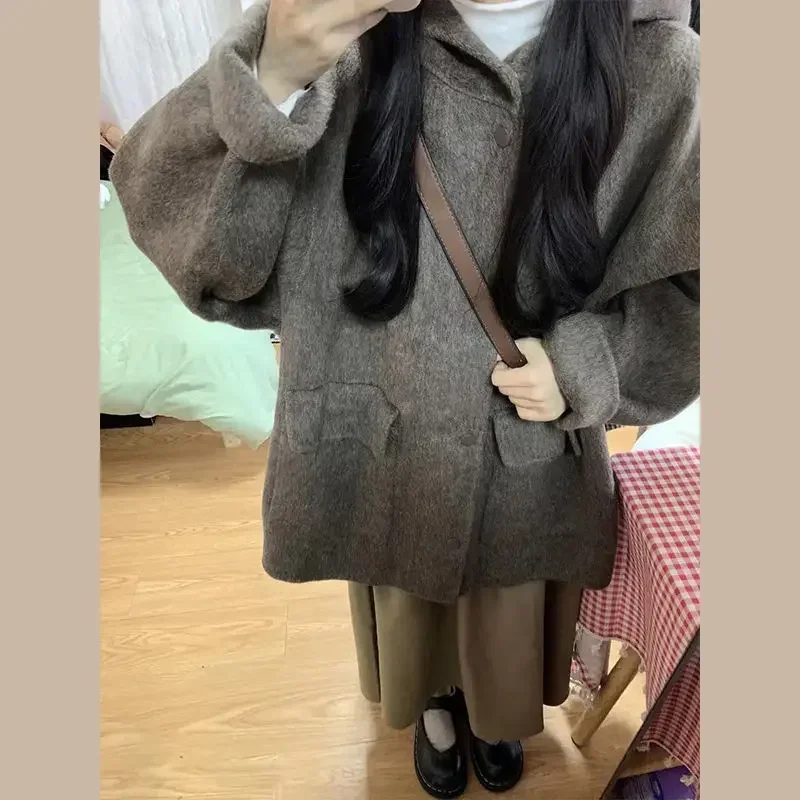 Premium gray coffee woolen coat women's short autumn and winter new Korean version small loose hooded woolen coat