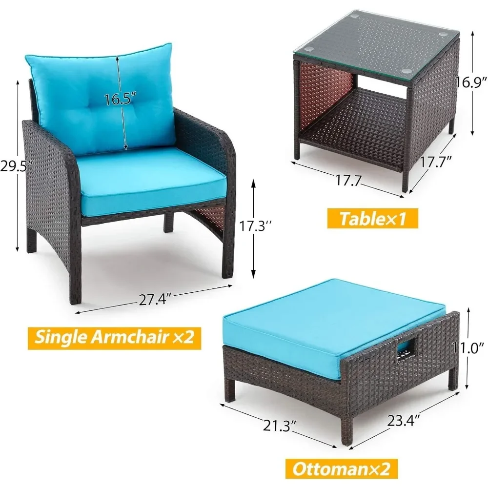 5 Pieces Patio Furniture Set, Outdoor Rattan Chairs with Tempered Glass Coffee Table, Ottomans & Soft Cushions, Wicker Conversa