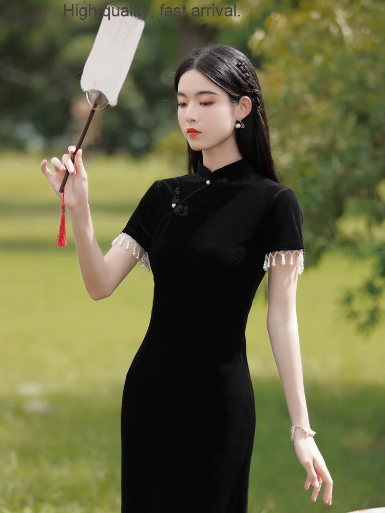 2023 Velvet Cheongsam New Republic of China Retro Black Long Elegant Improved Young Dress Autumn