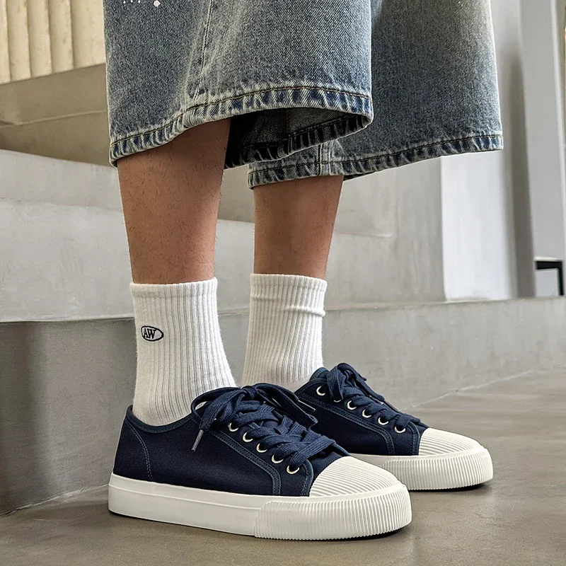 

Harajuku Men's Vulcanize Shoes Low Top Board Shoes Blue Canvas Shoes Men Platform Espadrilles Student Lace-up Zapatos De Lona