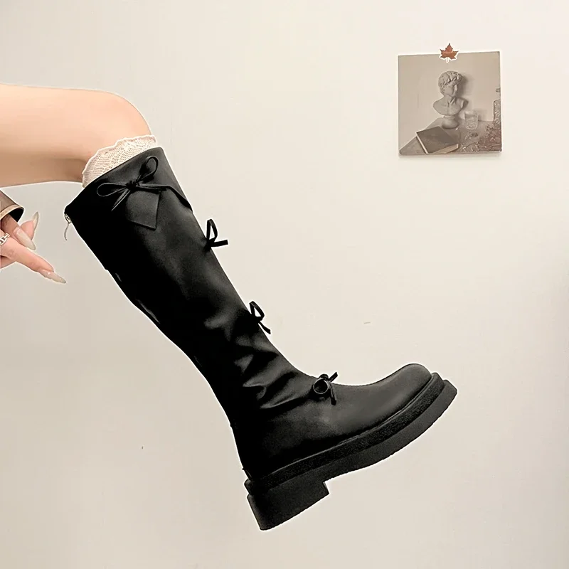 Winter Thick Sole Woman Short Plush High Boot Fashion Butterfly-knot Back Zippers Shoes Women's Slim Knight Long Booties