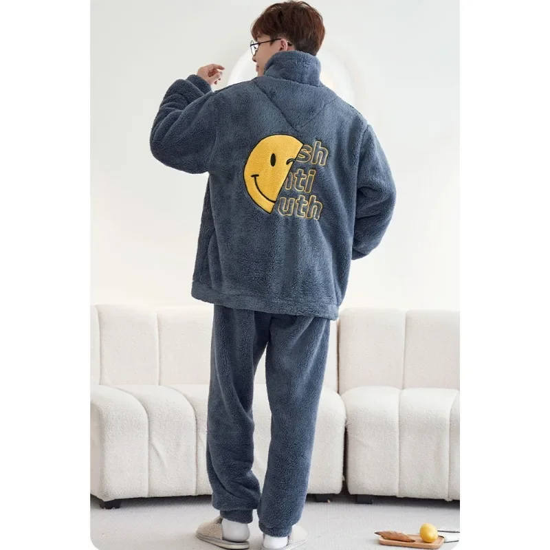 Autumn Winter Homewear Coral Velvet Pajamas Men Sleepwear Suit Plush Thicken Nightgown Student Cute Large Flannel Loungewear Set