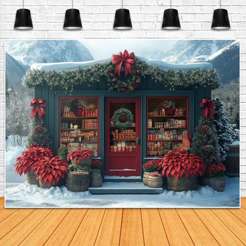Mocsicka Winter Christmas Backdrop for Photography Snow Mountain Xmas Wooden House Outdoor Forest Portrait Photo Background Prop