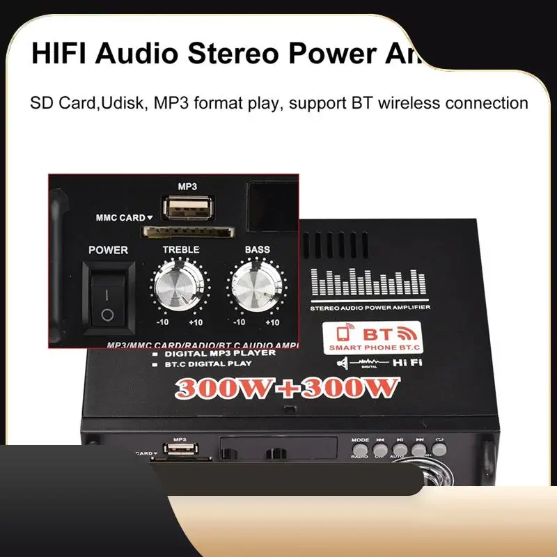 

1 комплект BT-298A Мини-усилитель мощности звука, 2 канала, 300 Вт + 300 Вт для автомобиля, дома, Bluetooth, цифровой аудиоприемник, AMP FM-радио, вилка европейского стандарта-T4