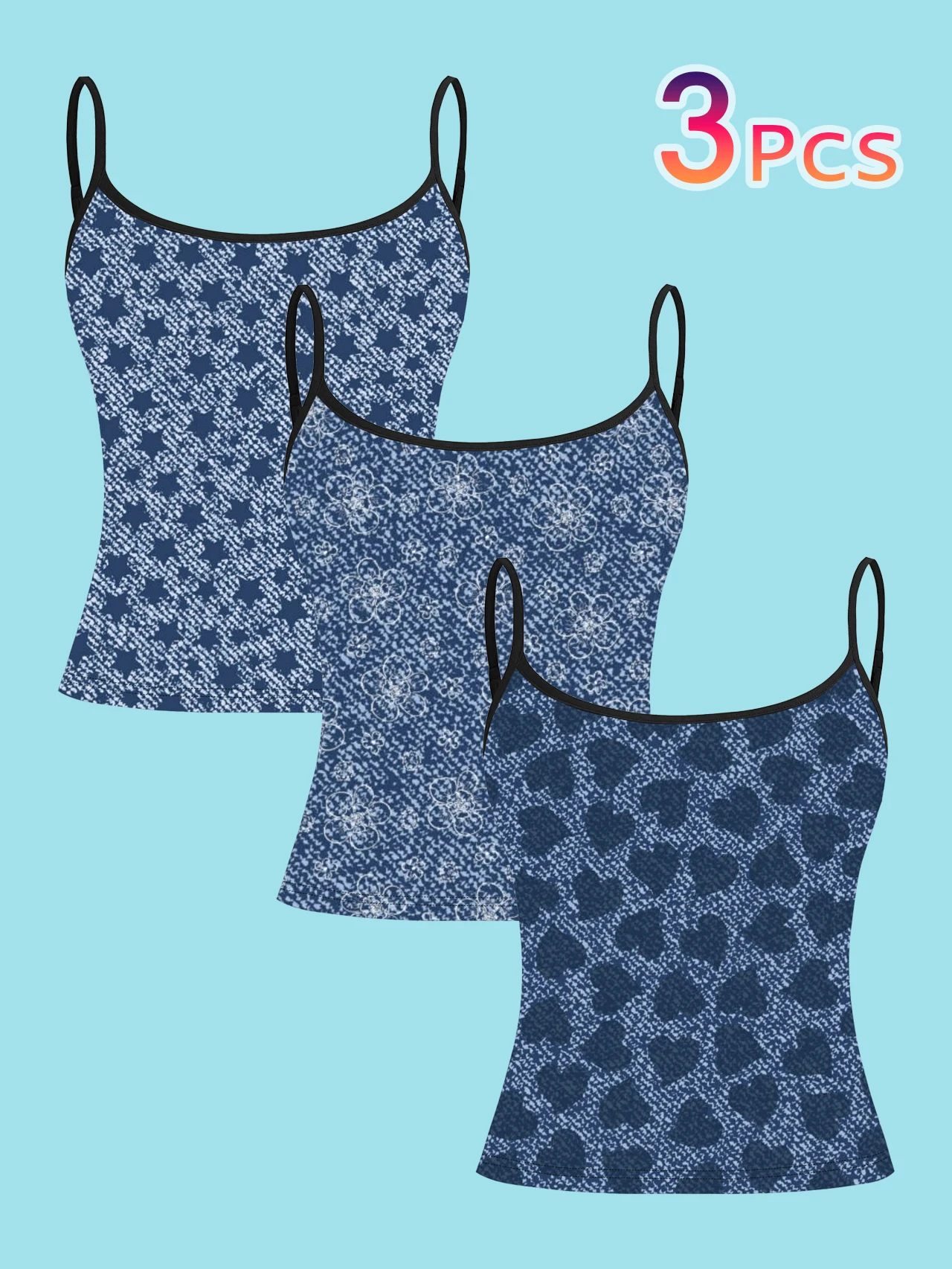 3-Pack Denim Blue Star Flower Heart Print Spaghetti Strap Tank Top, Faux Denim Fabric Slim Fit Sleeveless Top, Casual Versatile Inner and Outer Wear Base Shirt