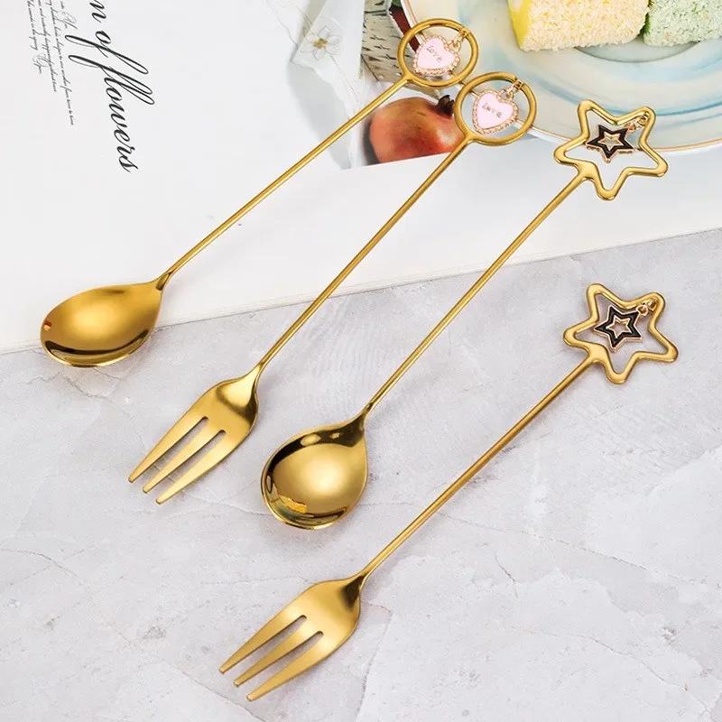 1PC Stainless Steel Coffee Spoon Long Handle Mixing Fork Love Heart Star Pendant Mixing Spoon Fruit Fork Kitchen Tableware